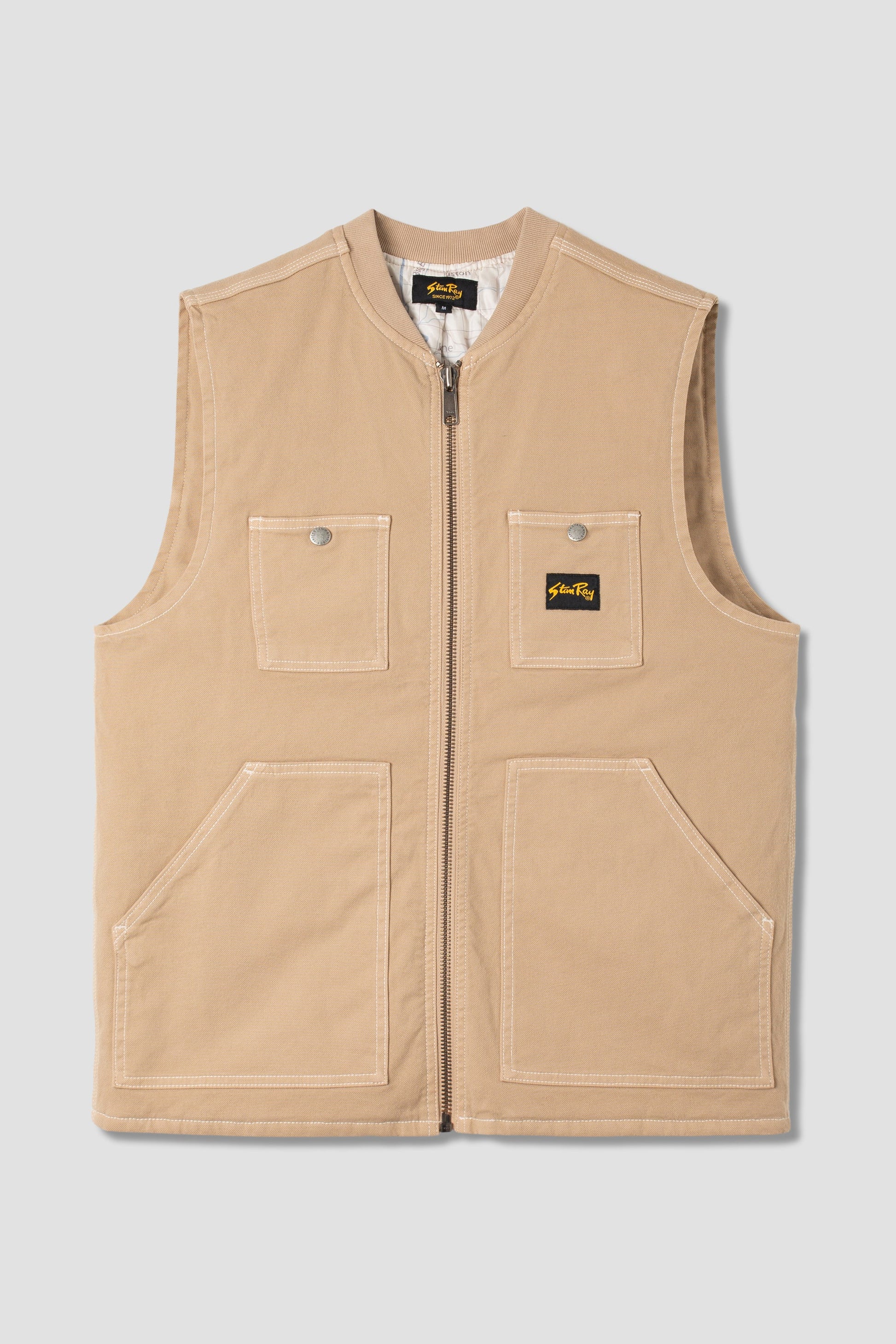 Front view of Stan Ray Pork Chop Vest in Antique Khaki Duck