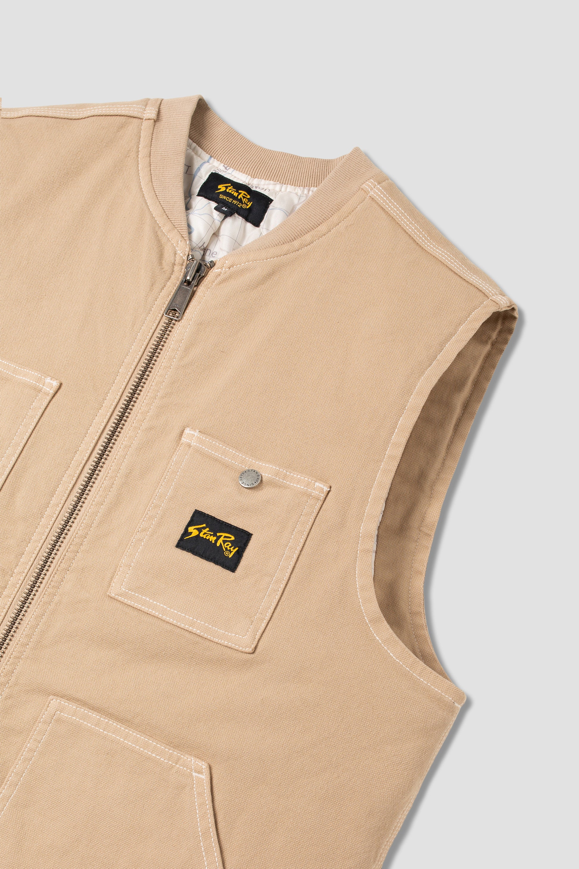 Angled view of Stan Ray Pork Chop Vest in Antique Khaki Duck