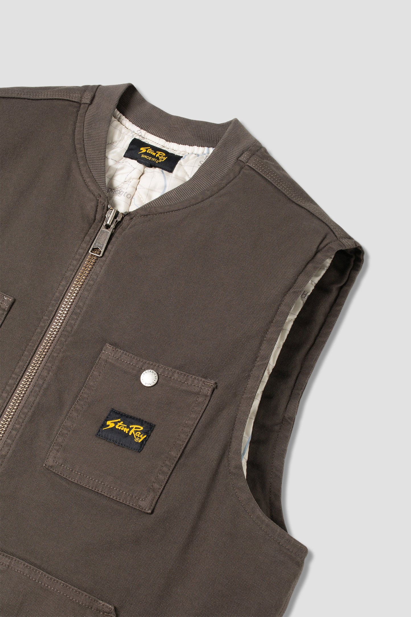 Side angle of Stan Ray Pork Chop Vest showing pocket design