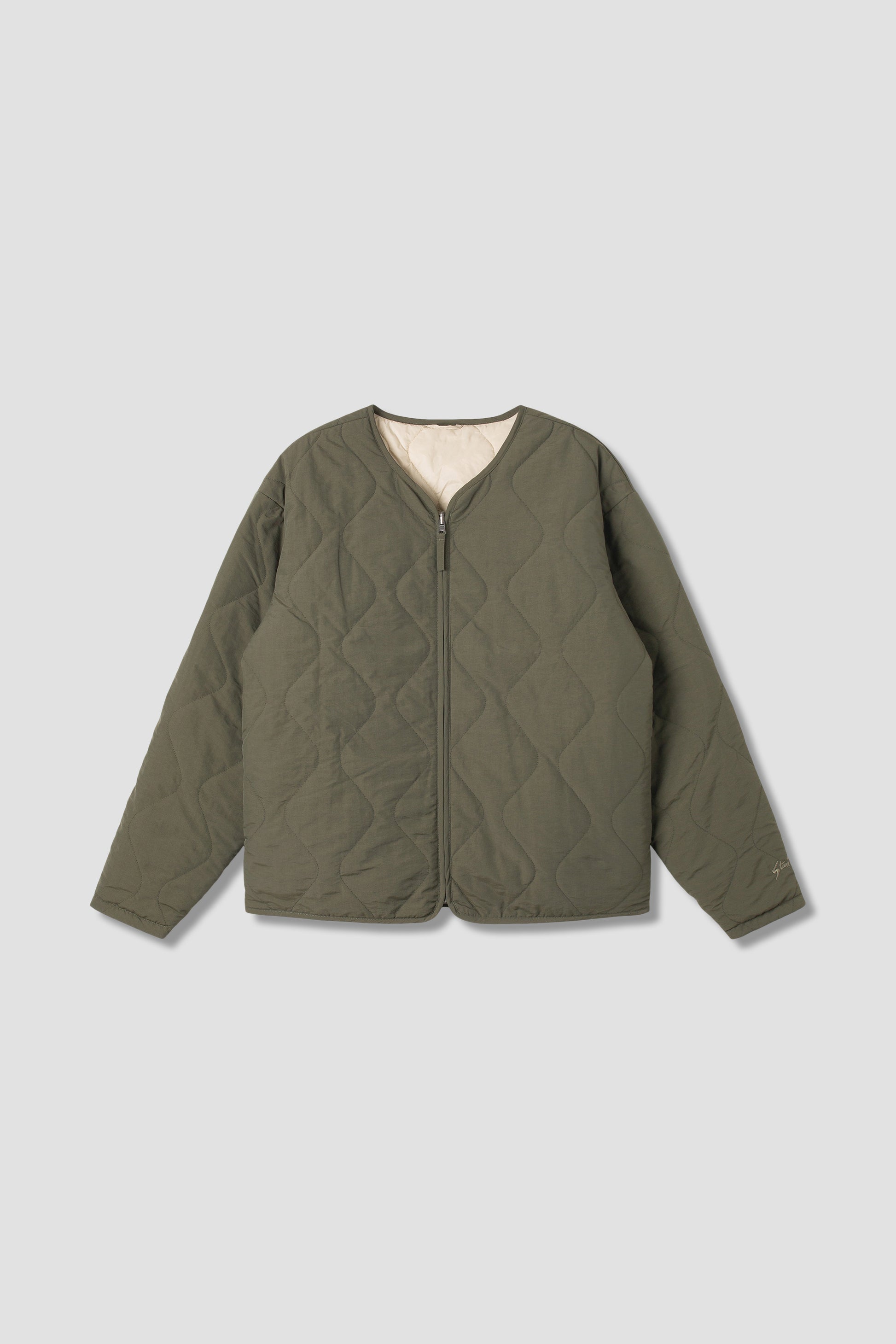 Olive quilted liner jacket front view