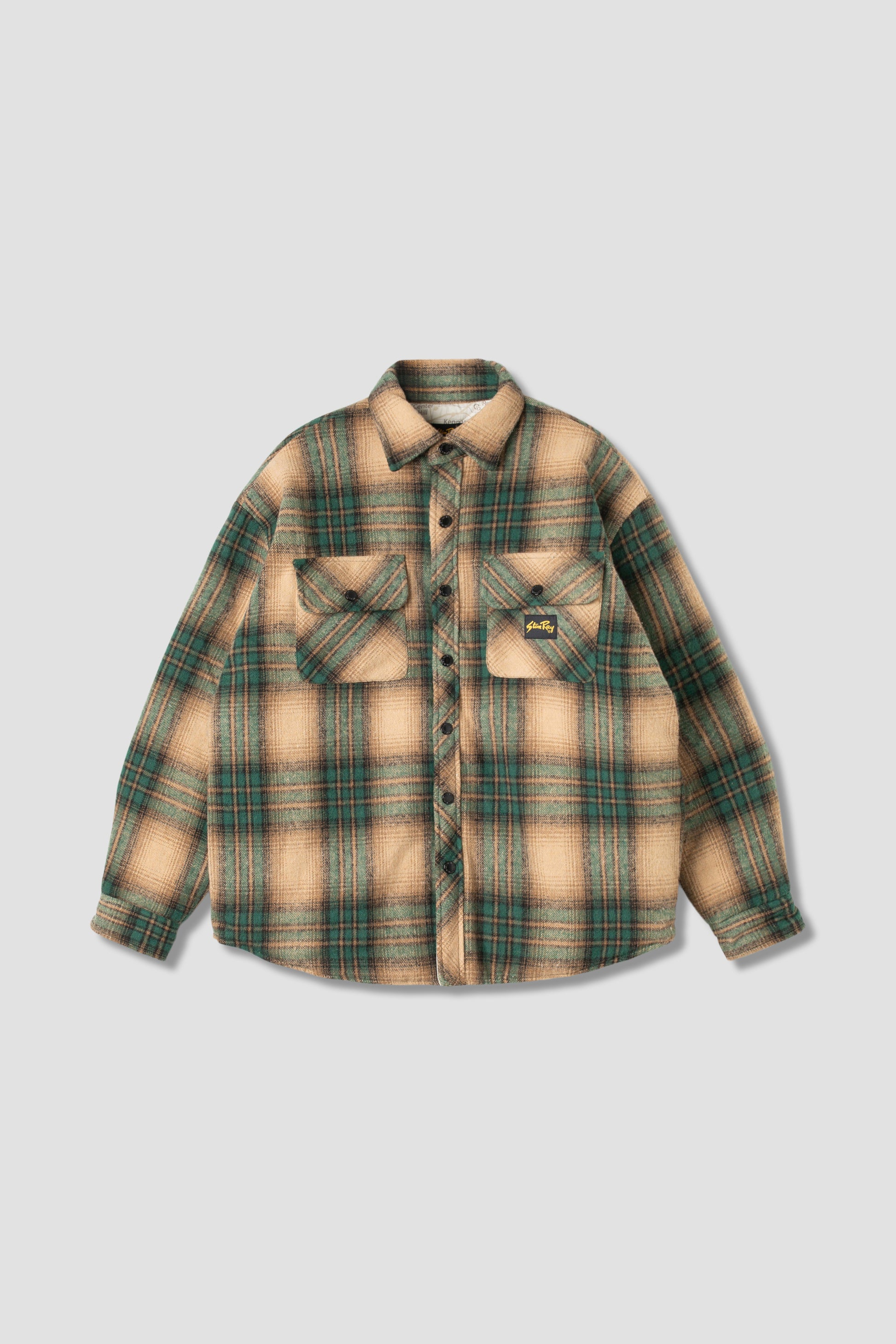 Front view of Stan Ray Quilted Plaid Overshirt in Olive Plaid