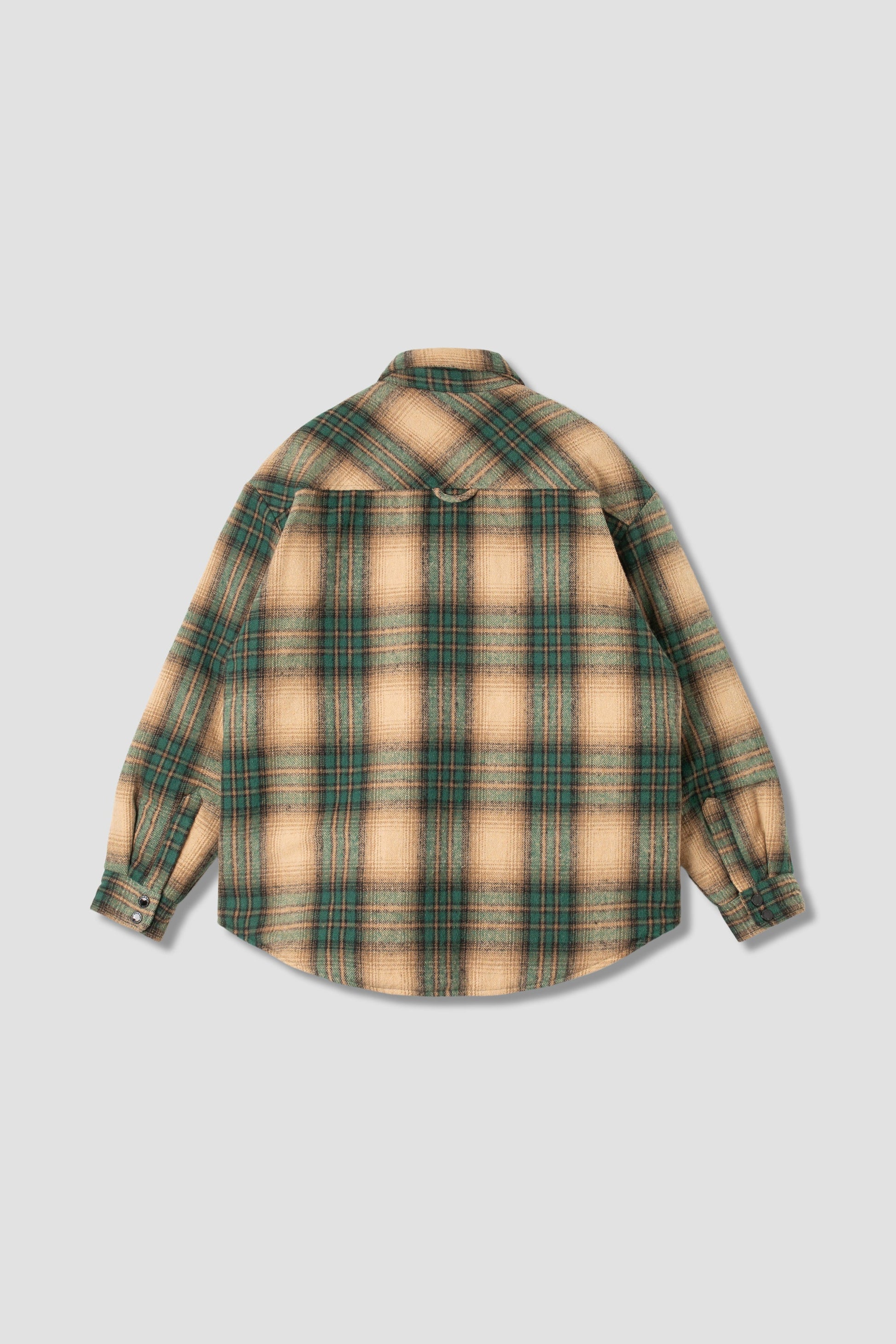 Back view of Stan Ray Quilted Plaid Overshirt in Olive Plaid