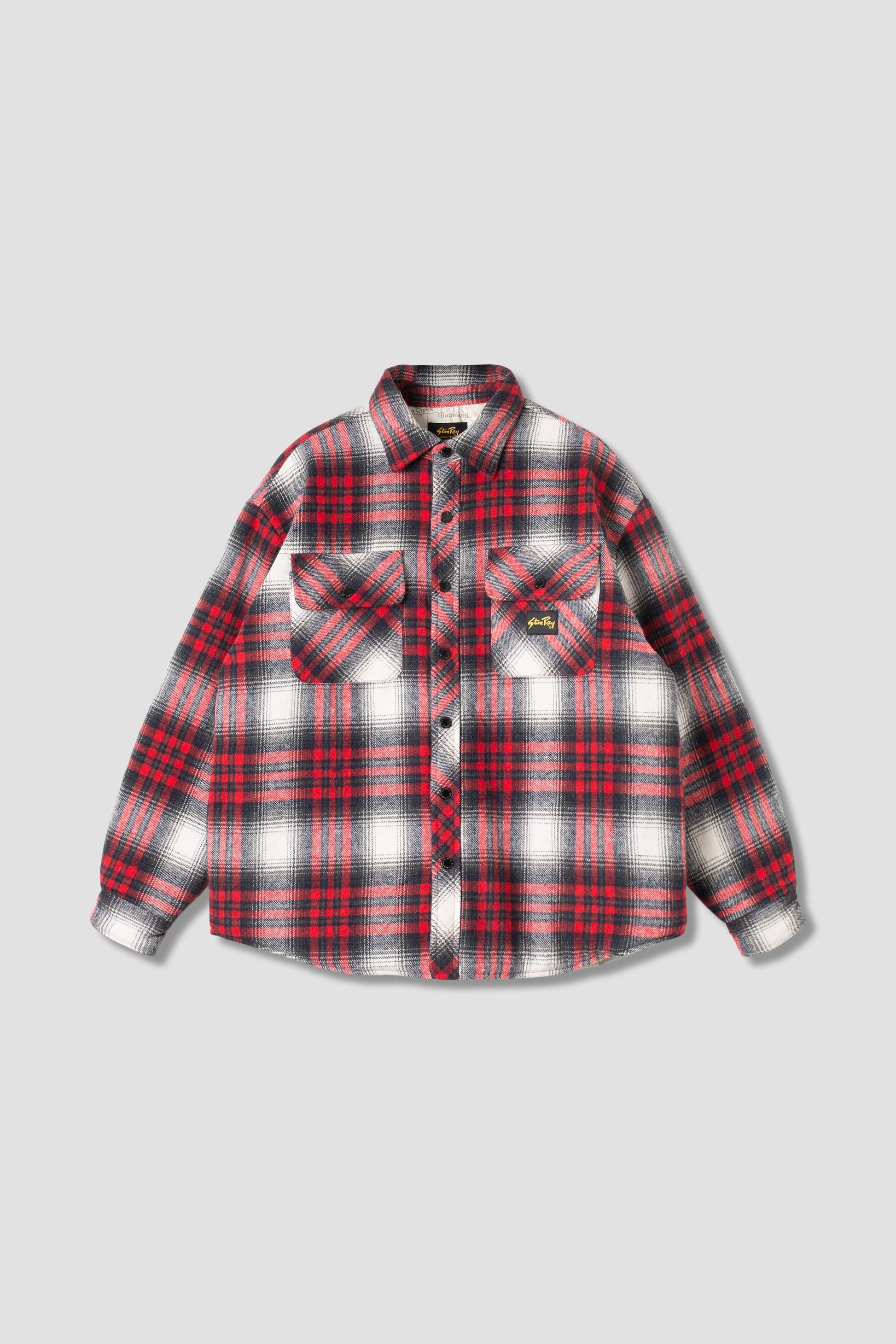 Front view of Stan Ray Quilted Plaid Overshirt in red plaid