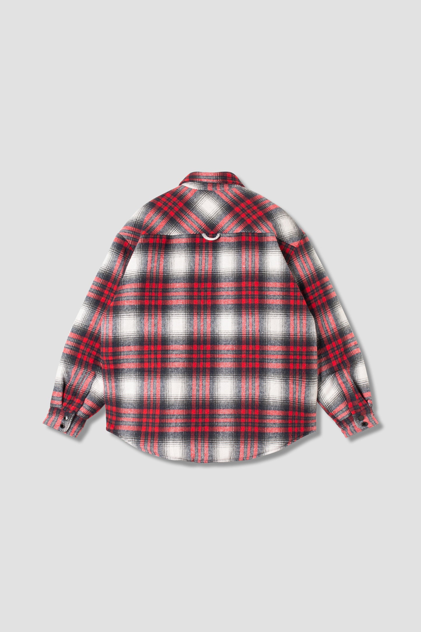 Back view of Stan Ray Quilted Plaid Overshirt in red plaid