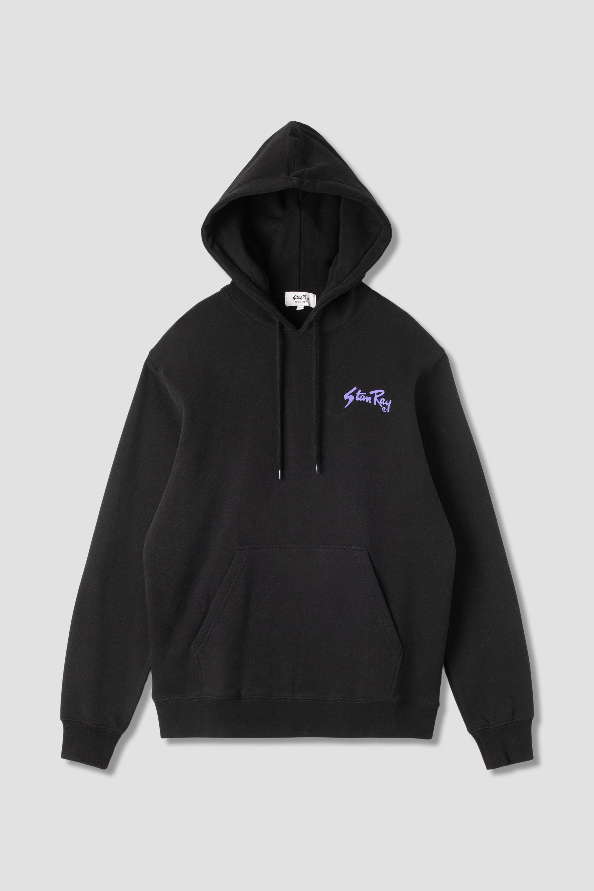 Stan OG Hood in black with purple logo, front view