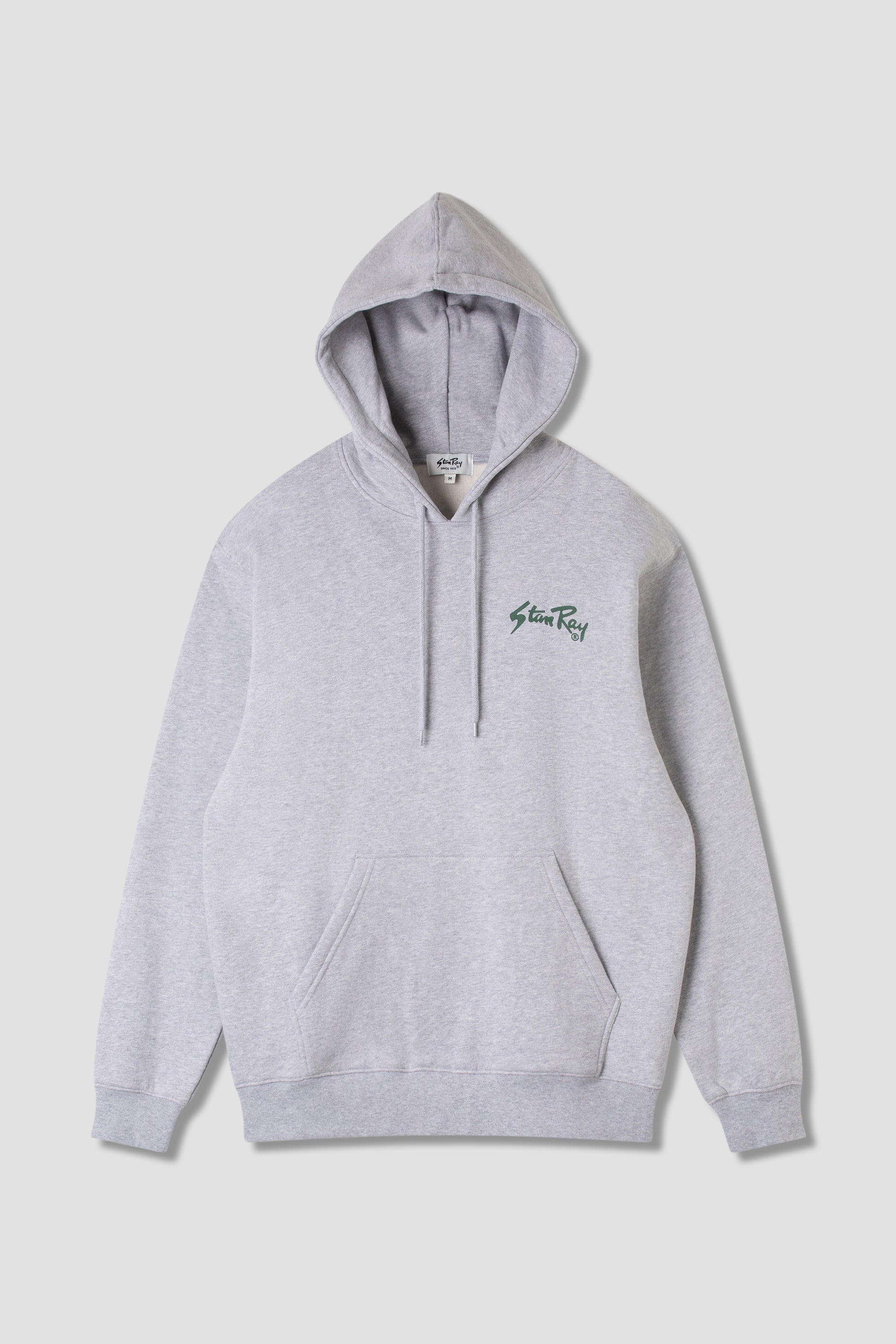 Stan OG Hood in Grey Marl with green logo front view