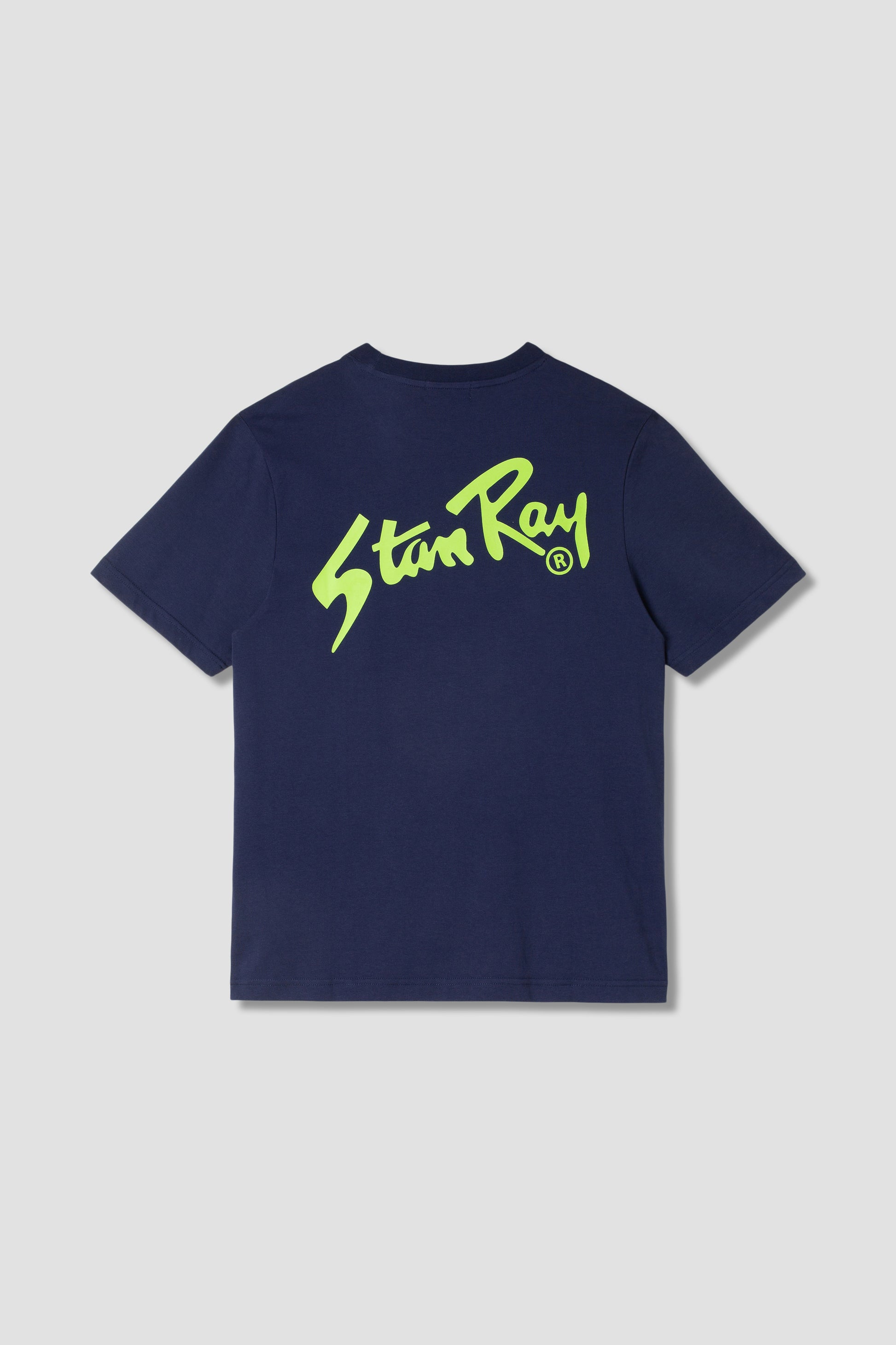 Stan OG Tee in navy with lime green logo back view