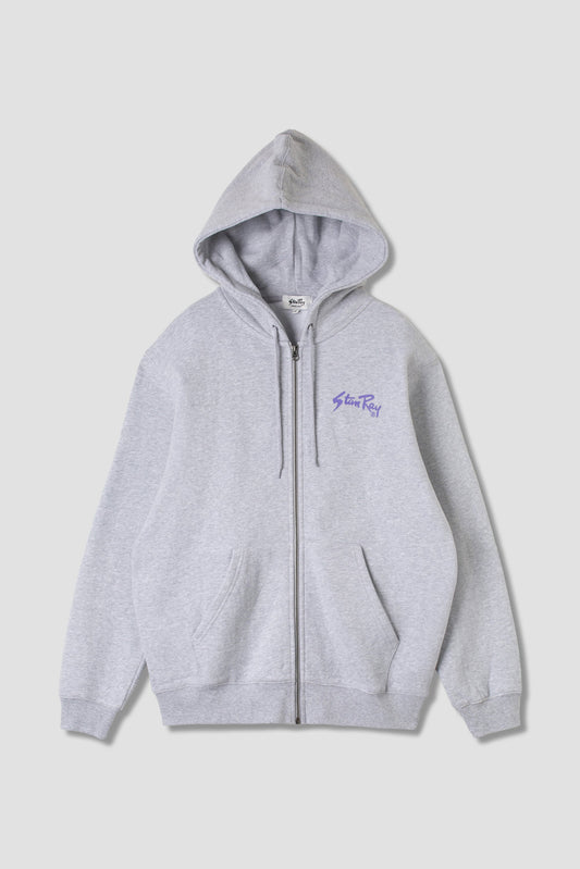 Stan OG Zip Hood front view in Grey Marl with Navy Print