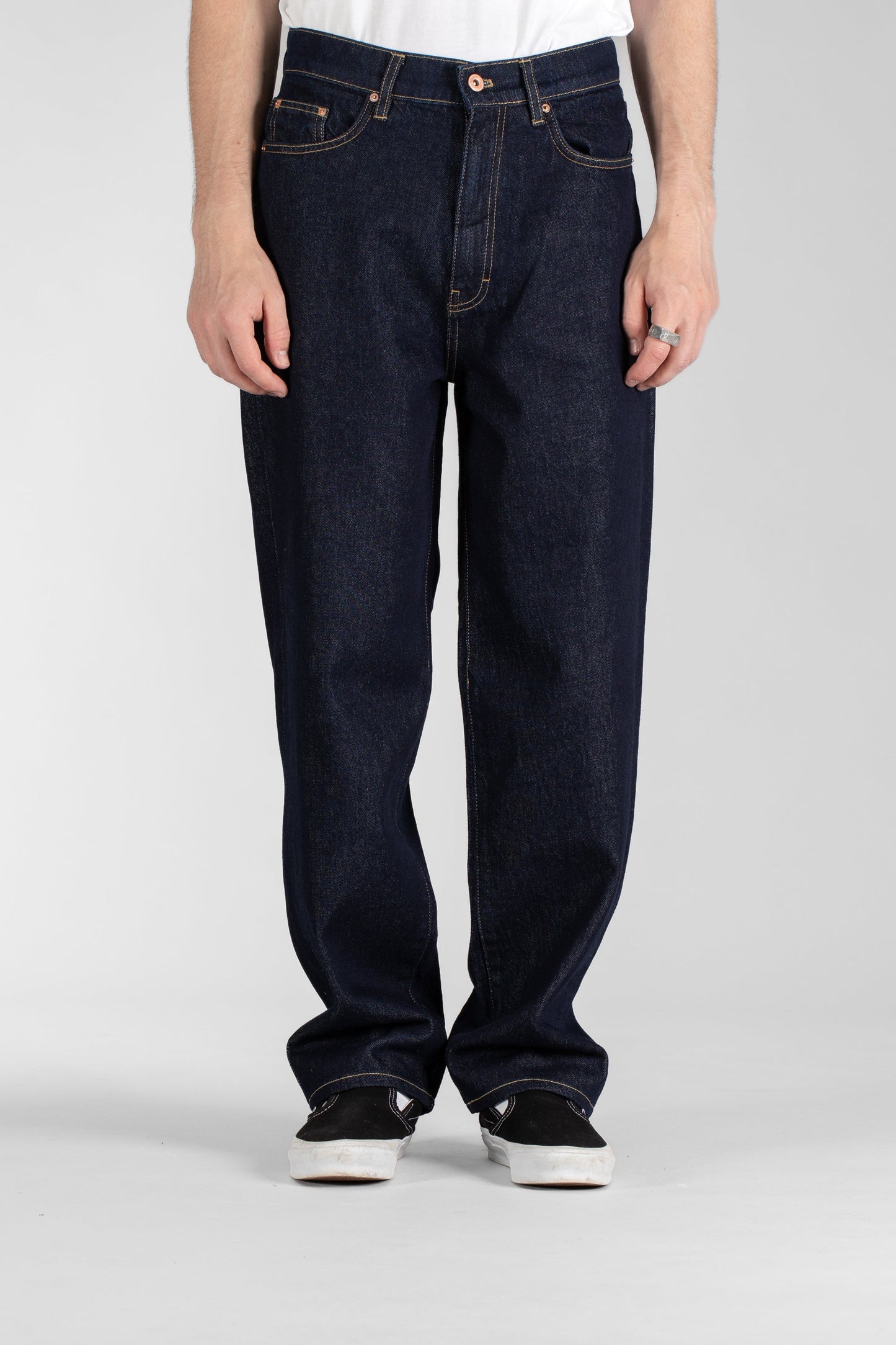 Model wearing Stan Ray Taper 5 Jean, single rinse denim