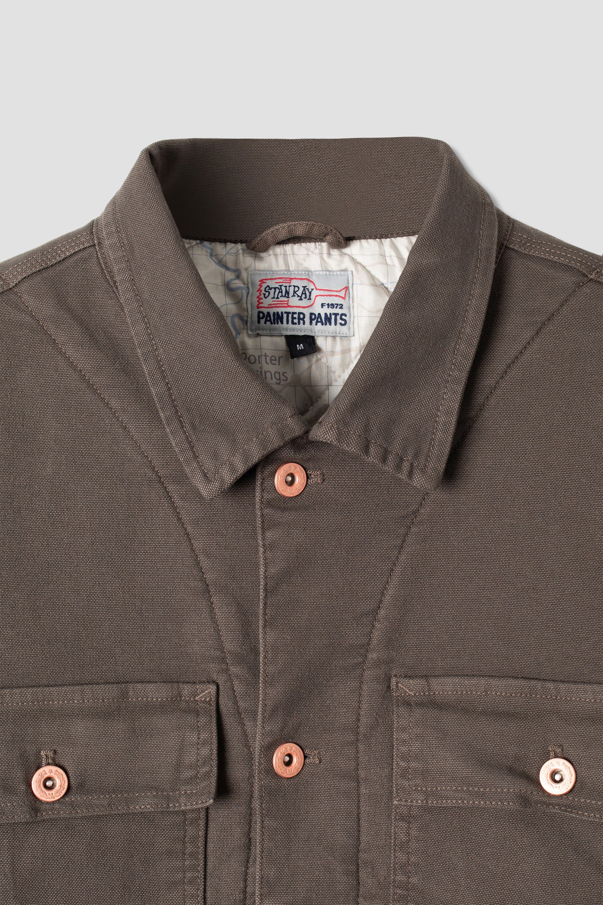 Close-up of collar on Stan Ray Trucker Jacket Charcoal Duck