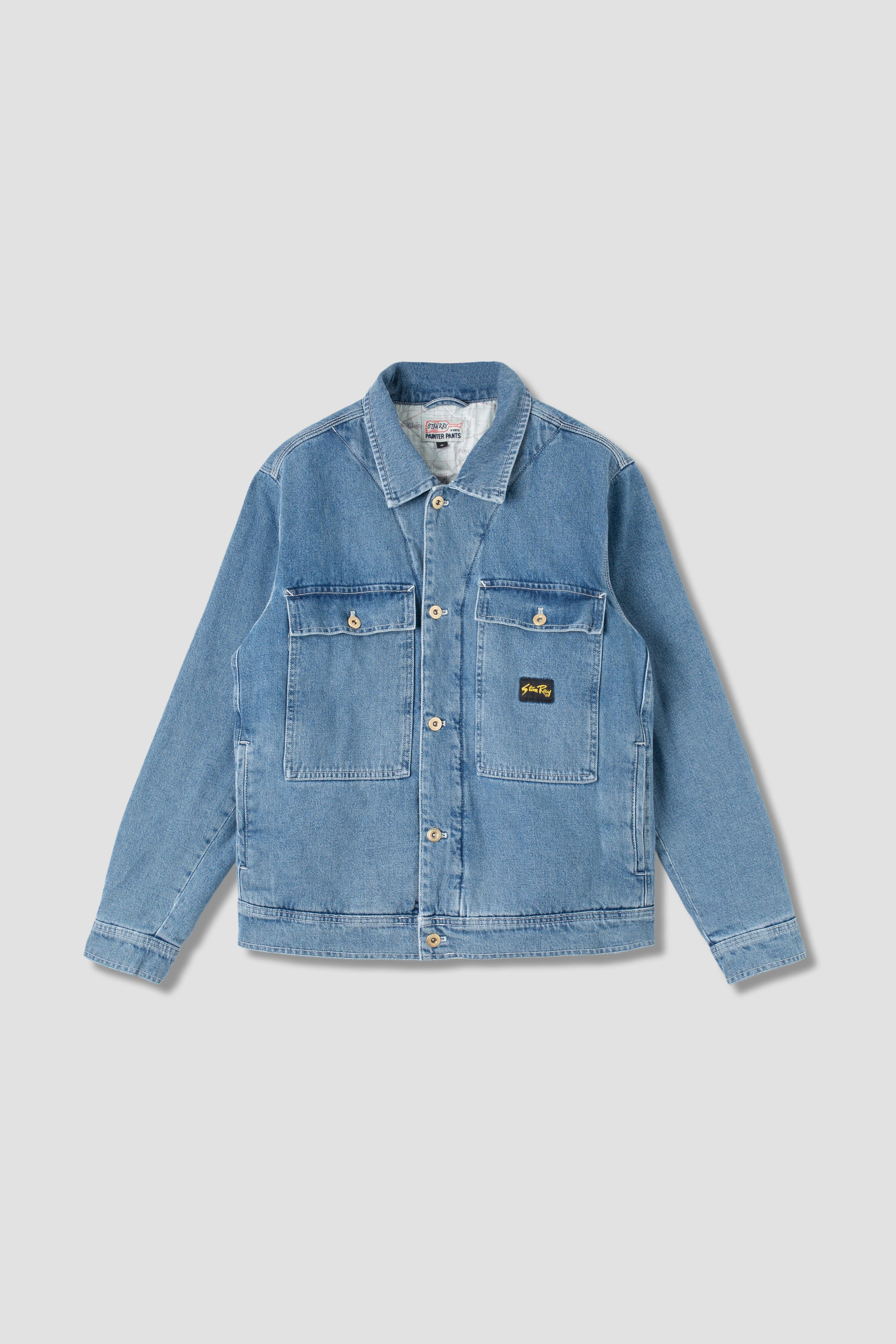 Front view of Stan Ray Trucker Jacket in stone wash denim.