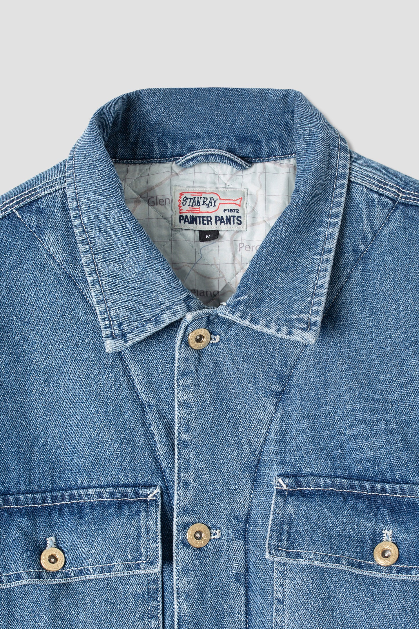 Close-up of collar on Stan Ray Trucker Jacket, stone wash denim.