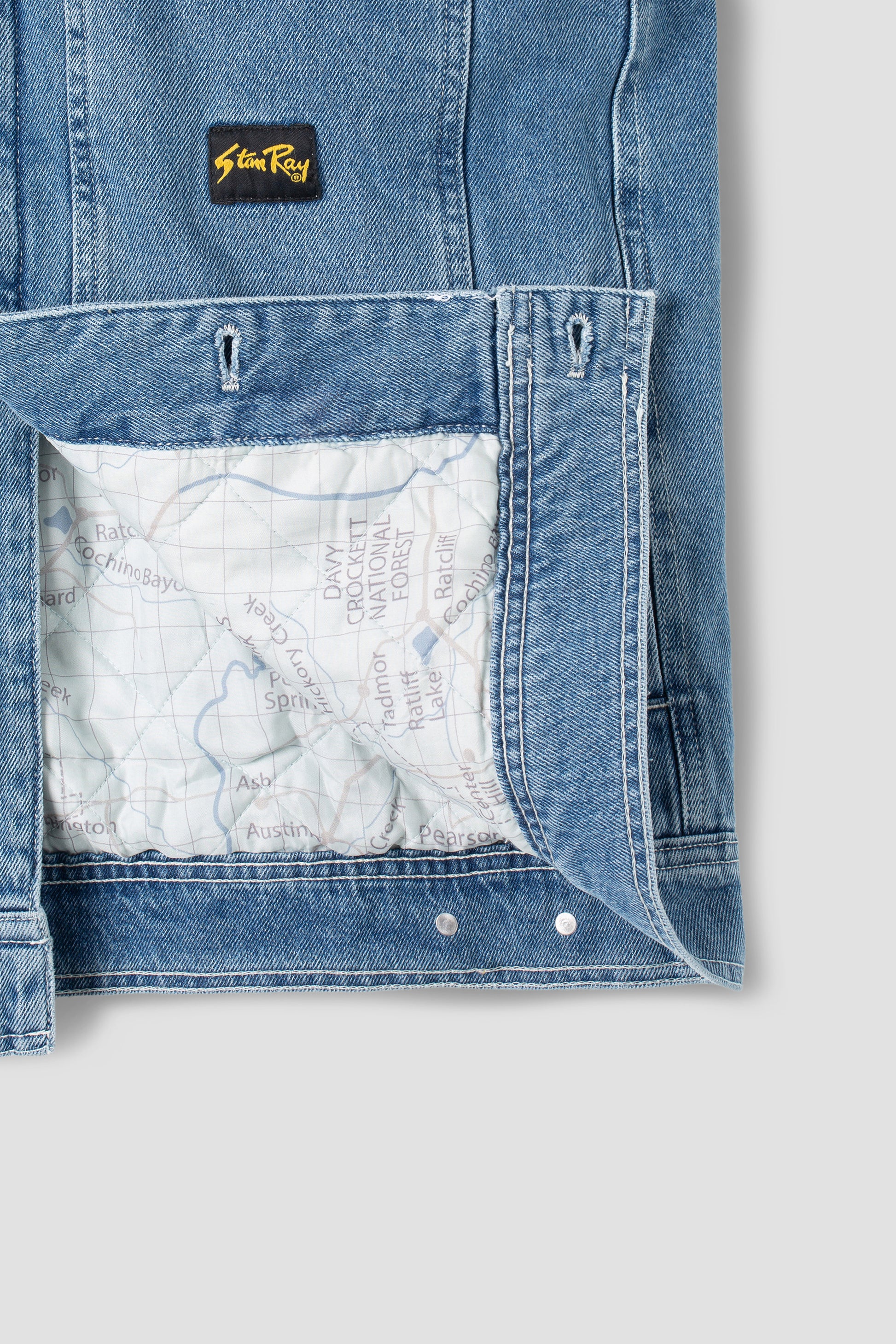 Interior map lining of Stan Ray Trucker Jacket, stone wash denim.