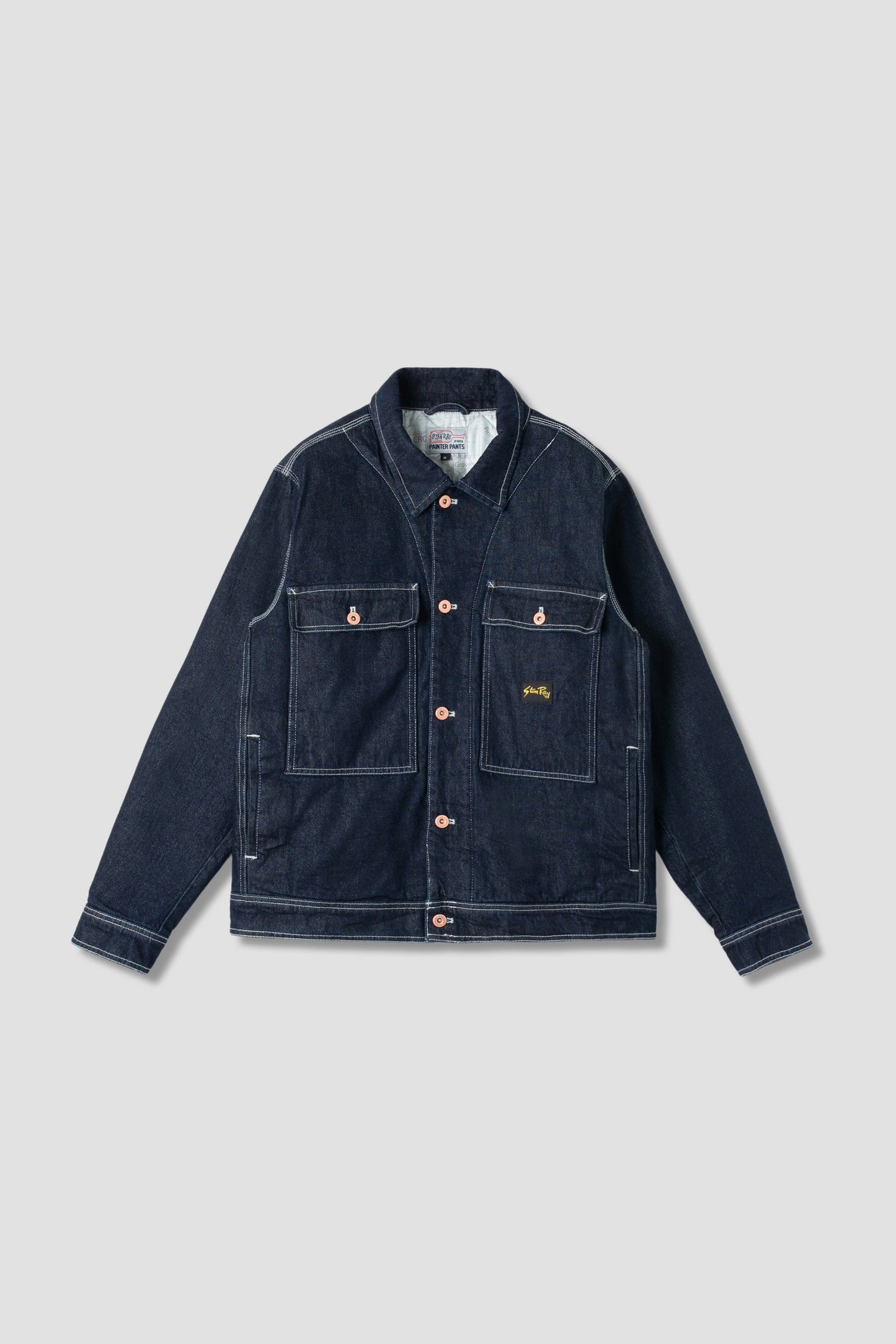 Front view of Stan Ray Trucker Jacket in single rinse denim.