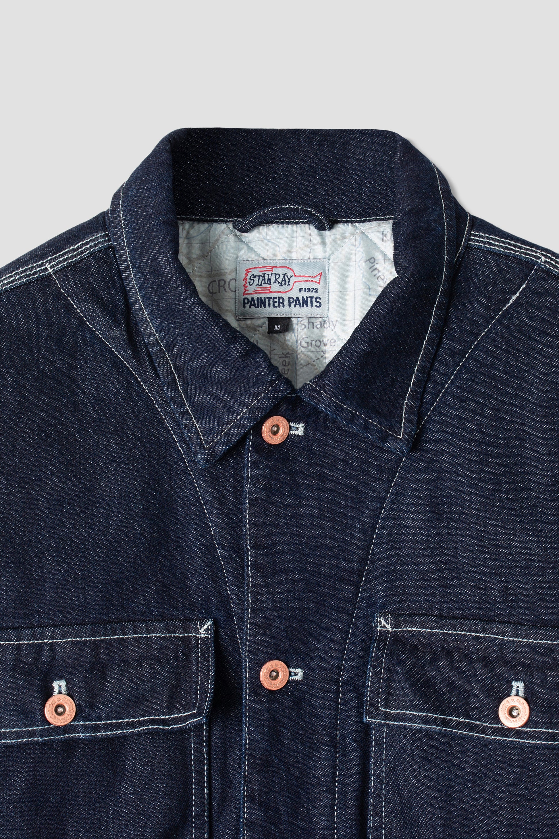 Close-up of collar and buttons on Stan Ray Trucker Jacket.