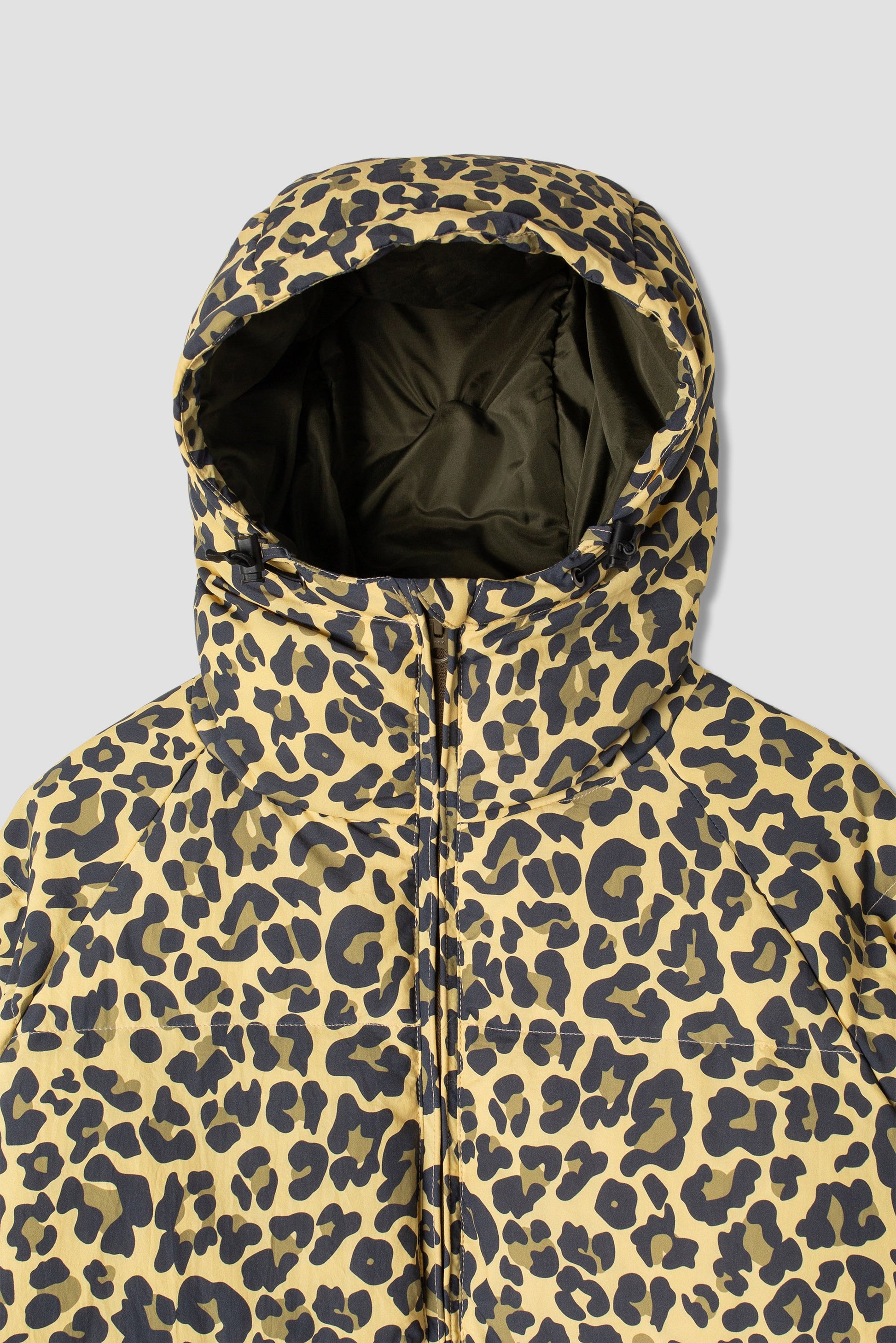 Close-up of hood on Ultralight Parka Leopard Camo