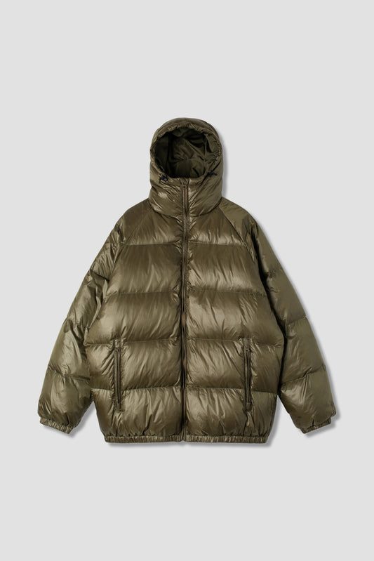 Front view of olive ultralight parka with hood