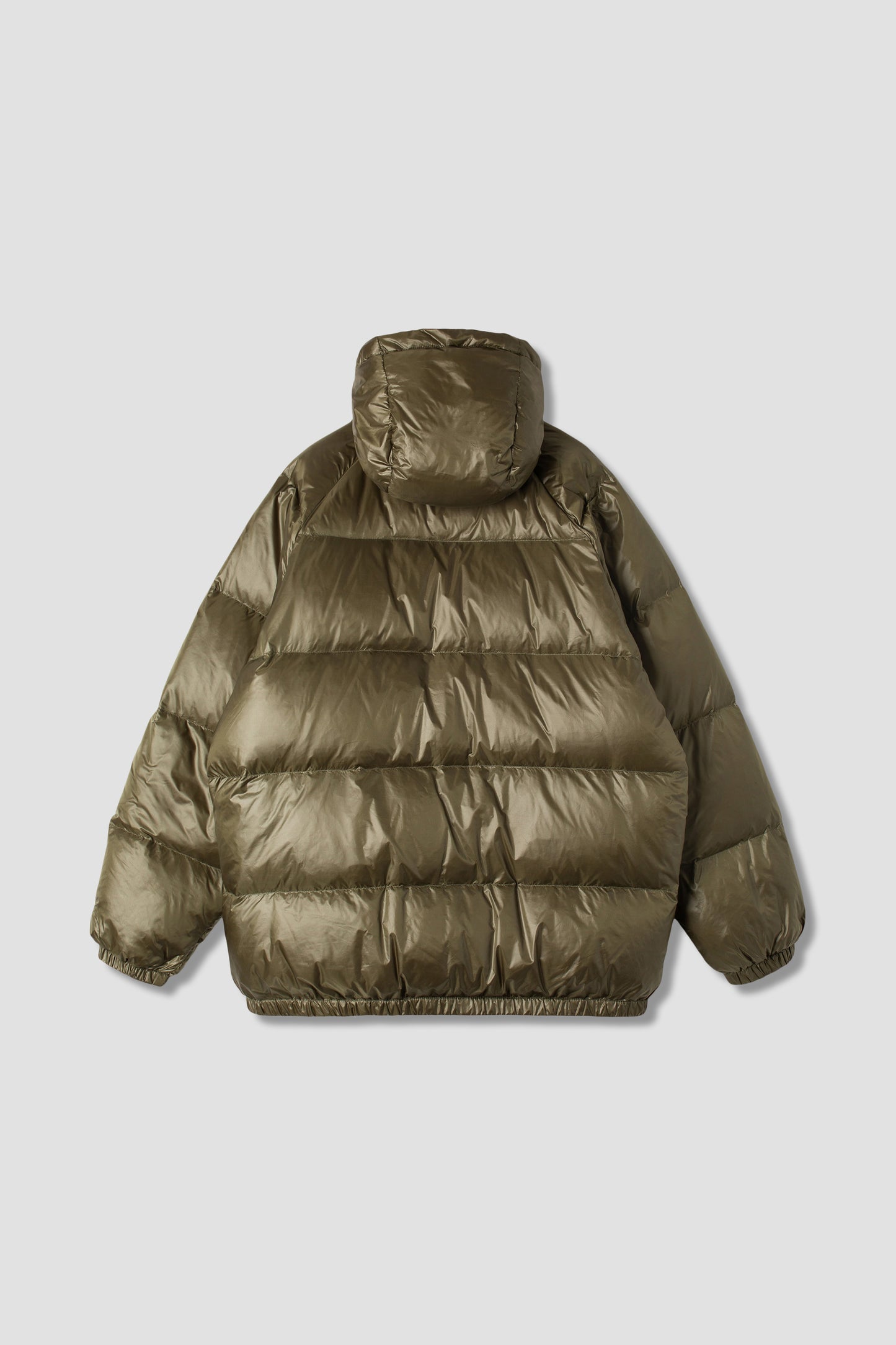 Back view of olive ultralight parka with hood