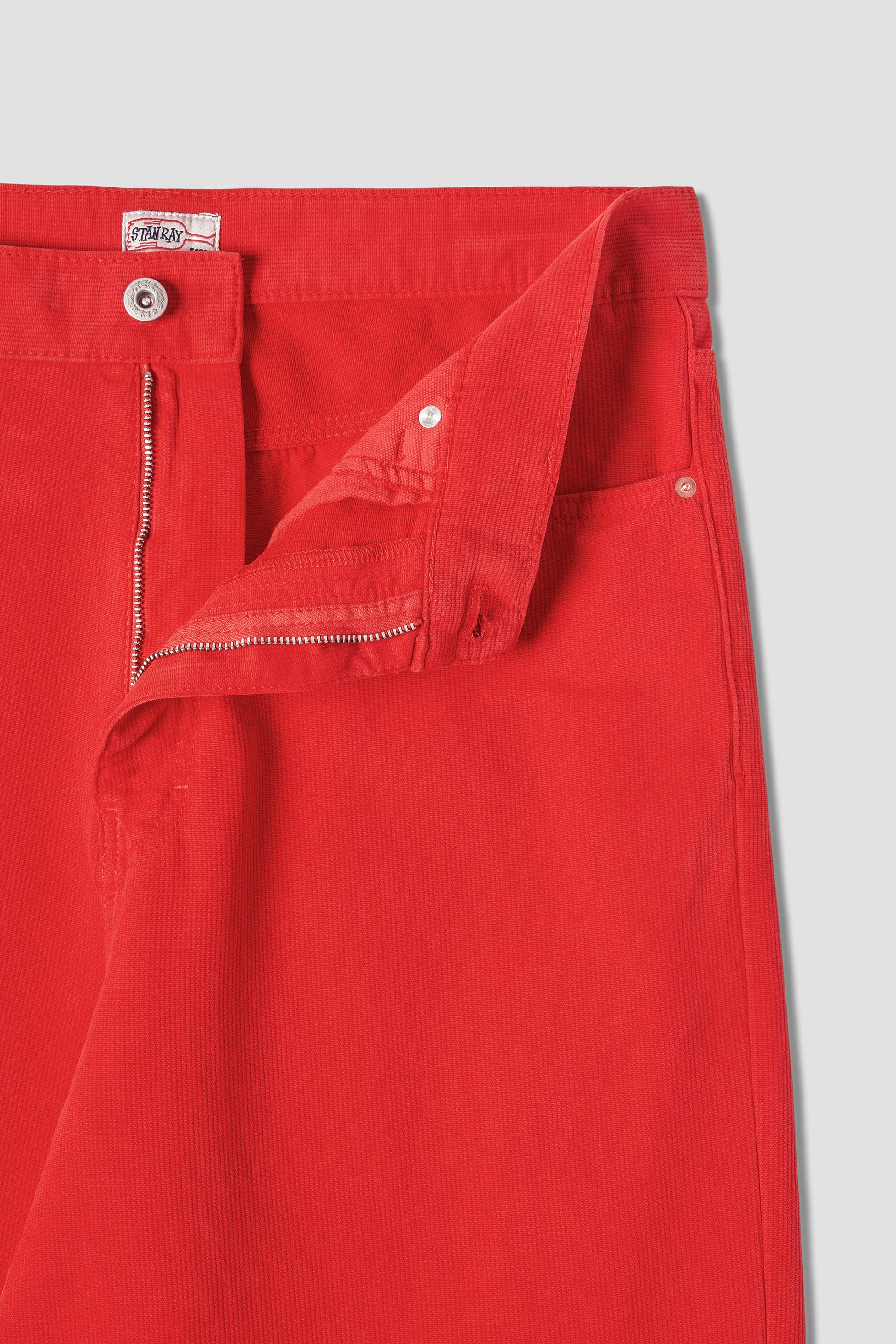 Close-up of Stan Ray Wide 5 Jean zipper in Aged Red