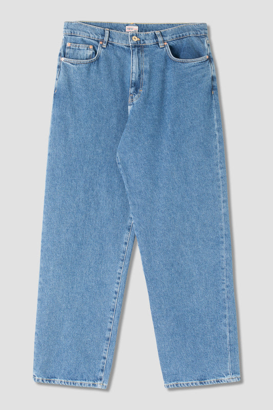 Wide 5 Jean in heavy stone wash denim, front view