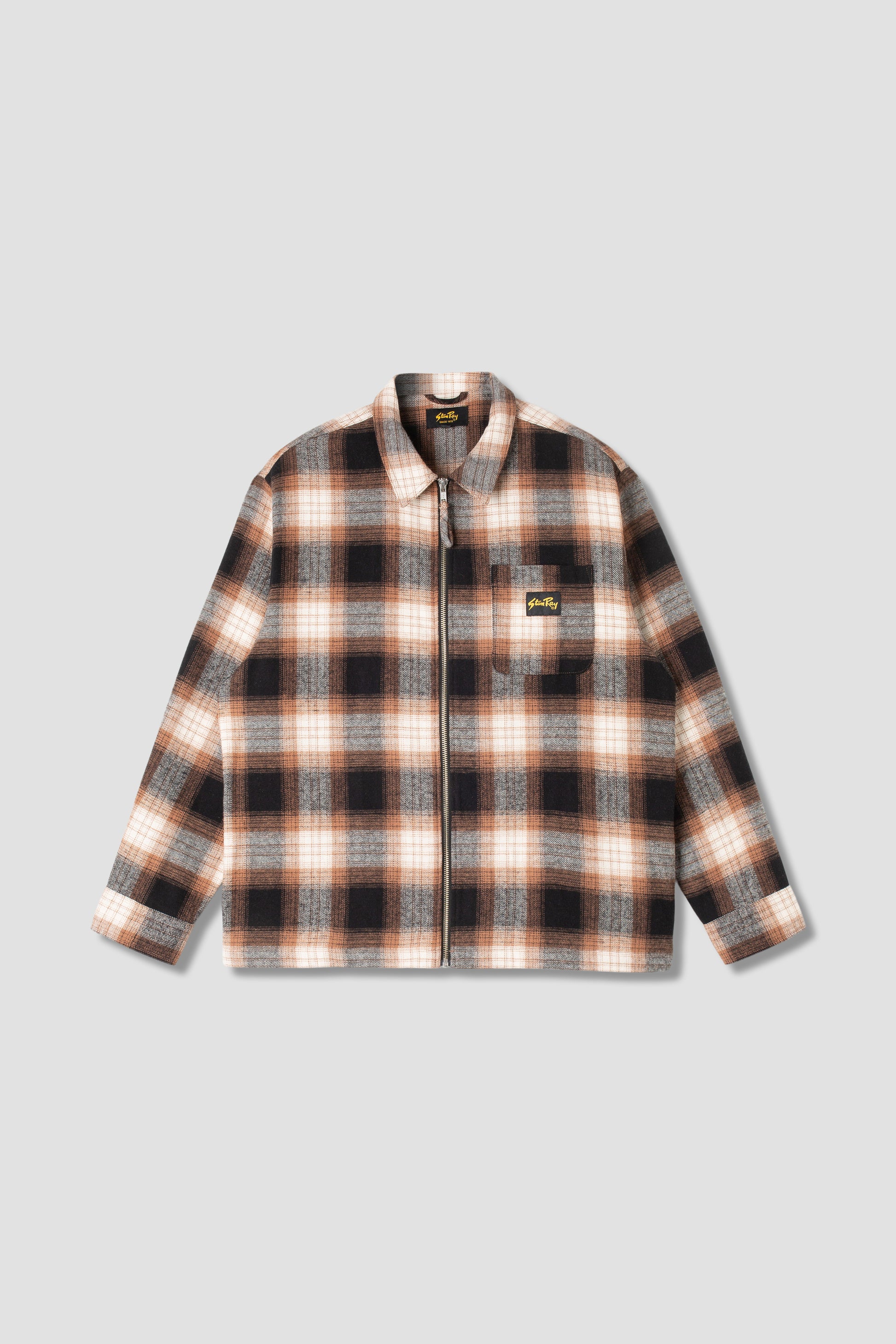 Stan Ray Zip Shirt in brown plaid, front view