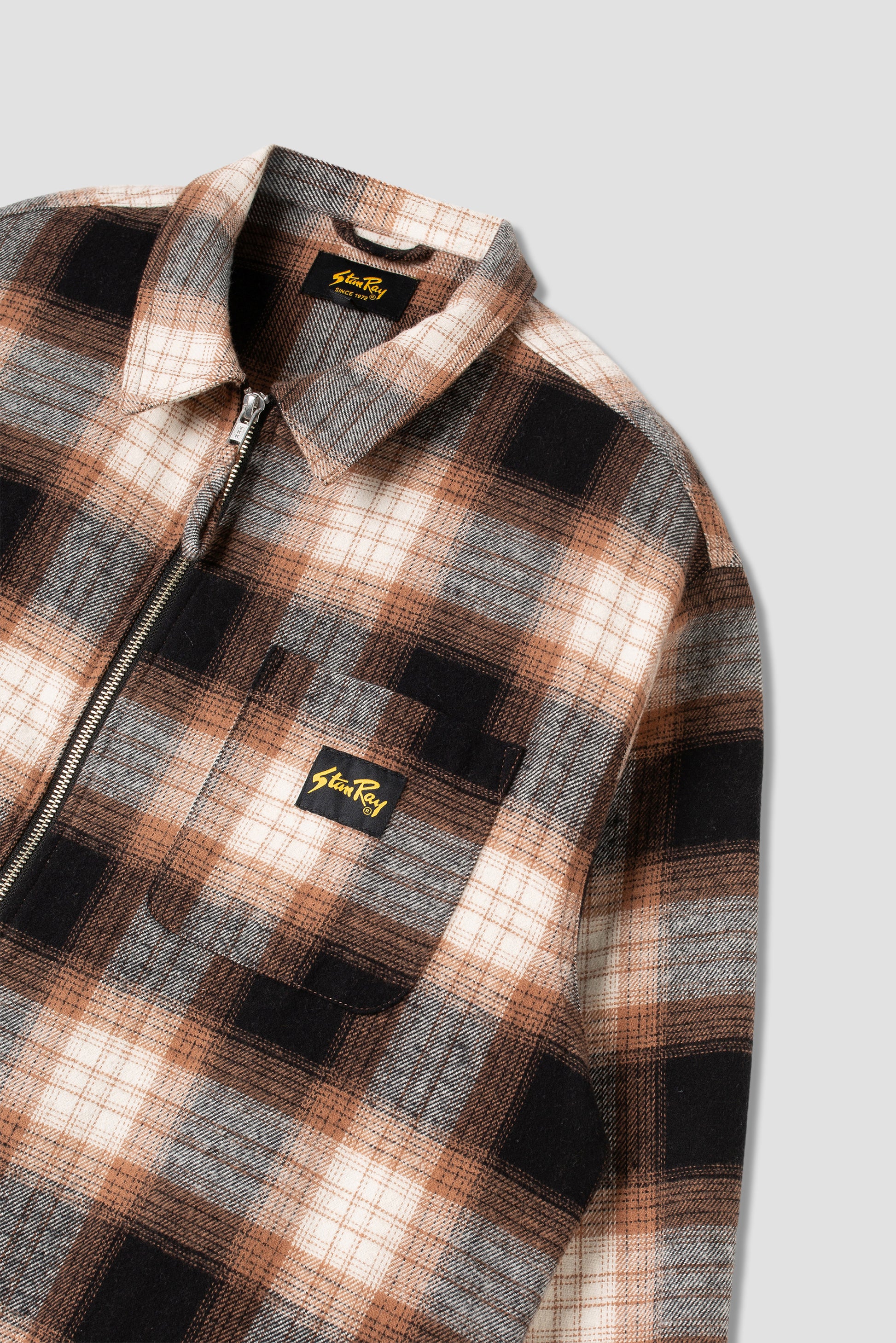 Angled view of Stan Ray Zip Shirt in brown plaid