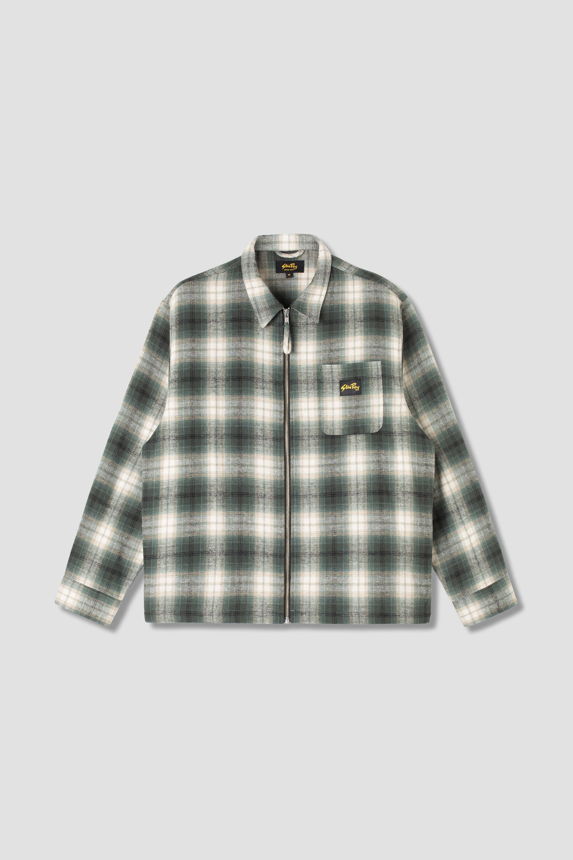 Front view of Stan Ray Zip Shirt in green plaid